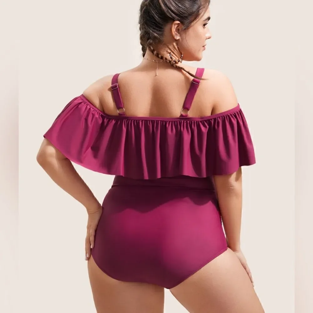 NWT BloomChic Plus Size One Piece Ruffle Criss Cross Two Tone Teal/Blue Size 3XL